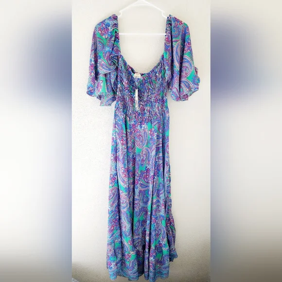 Kasturi Women's Boho Silk Smocked Colorful Paisley Print Maxi Dress Sm/Med NWT - Picture 1 of 7